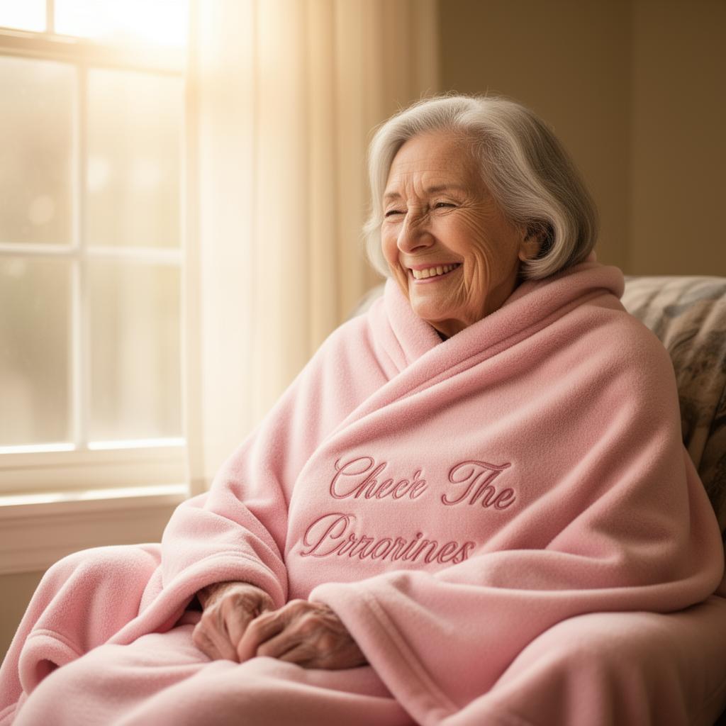 Mother wrapped in personalized blanket